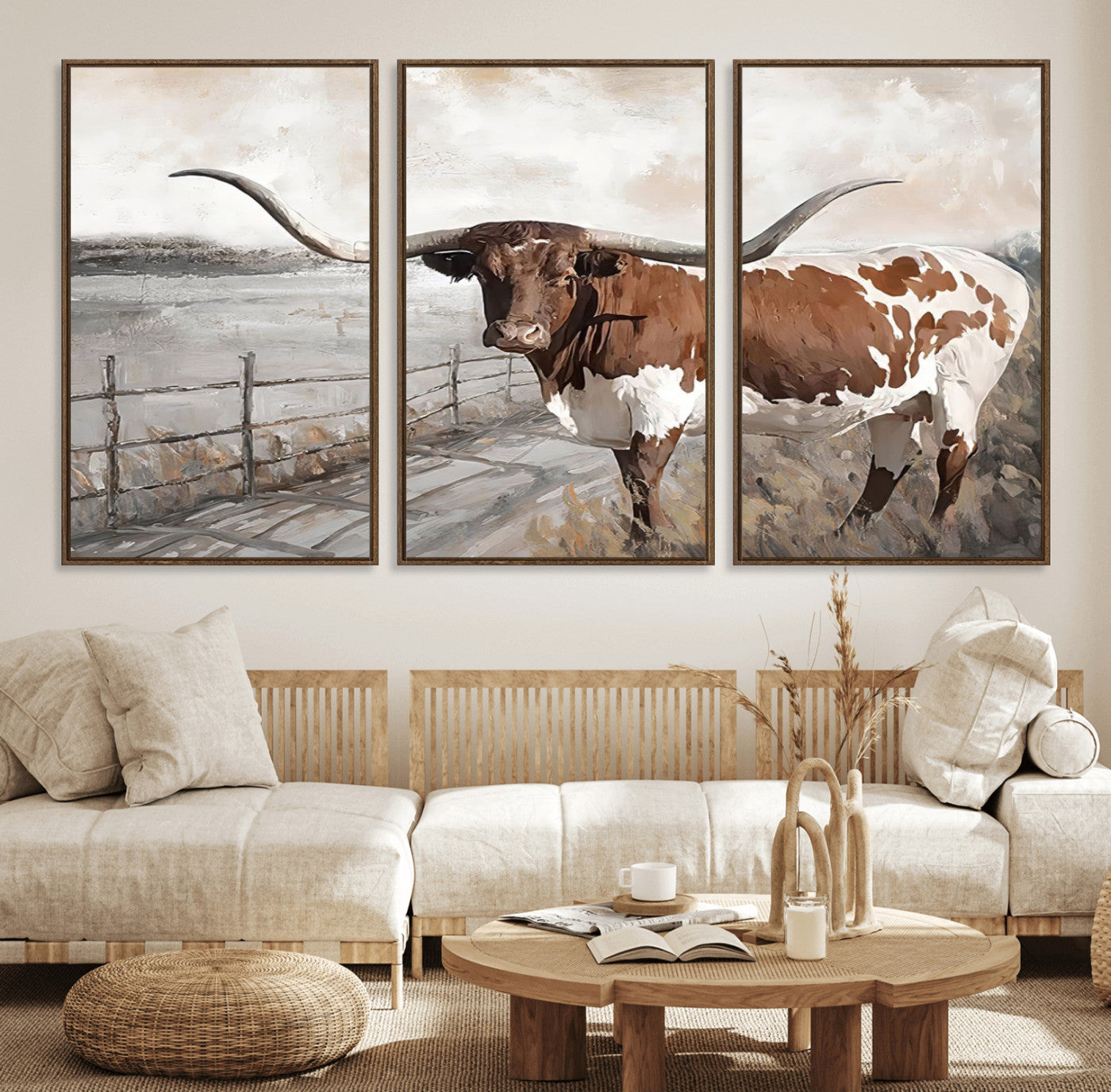 57340-MGV-FC-60X30-3P_Walnut-Vintage Texas Cow Wall Art Canvas Print, Rustic Longhorn Wall Art | Canvas Print for Farmhouse Decor
