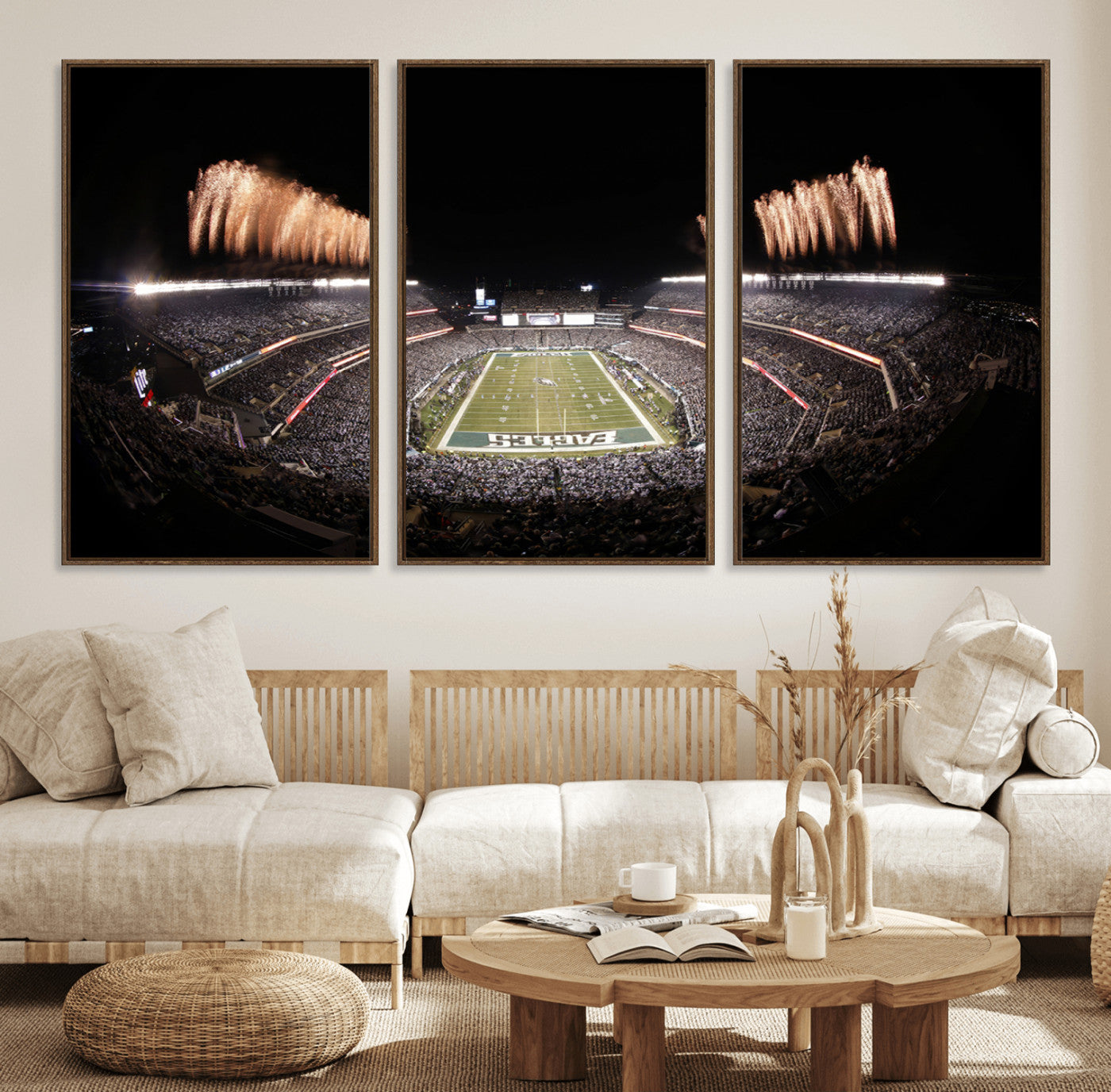 48893-MGV-FC-60X30-3P_Walnut-Eagles Field Stadium Wall Art - Lincoln Financial Field Fireworks Game Triple Canvas Wall Art -