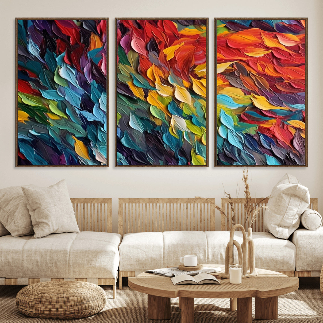 41557-MGV-FC-60X30-3P_Walnut-Vibrant Abstract Leaf Wall Art Canvas Print | Bold Colorful Canvas for Living Room or Office | Ready
