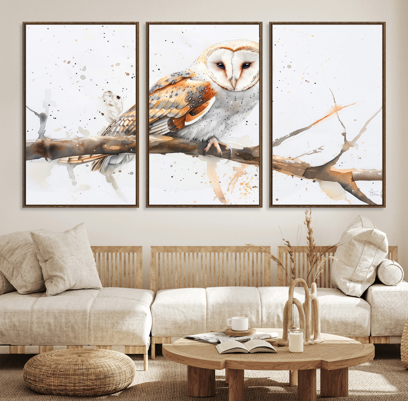 20257-MGV-FC-60X30-3P_Walnut-Barn Owl Wall Art on Branch | Stunning Canvas Print for Nature Lovers | Ready to Hang and Framed
