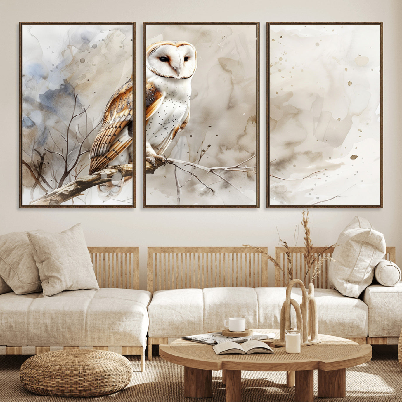 60812-MGV-FC-60X30-3P_Walnut-Barn Owl Wall Art | Watercolor Canvas Print | Perfect for Farmhouse Wall Decor | Ready to Hang