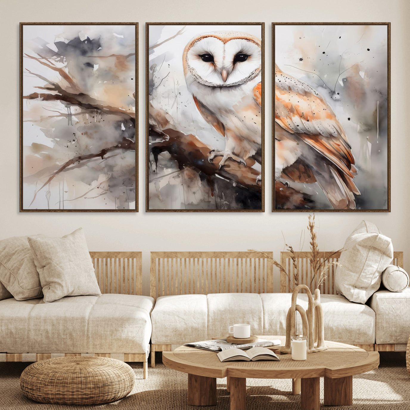 53515-MGV-FC-60X30-3P_Walnut-Barn Owl Wall Art | Watercolor Barn Owl Canvas Print | Perfect for Farmhouse Wall Decor | Ready to