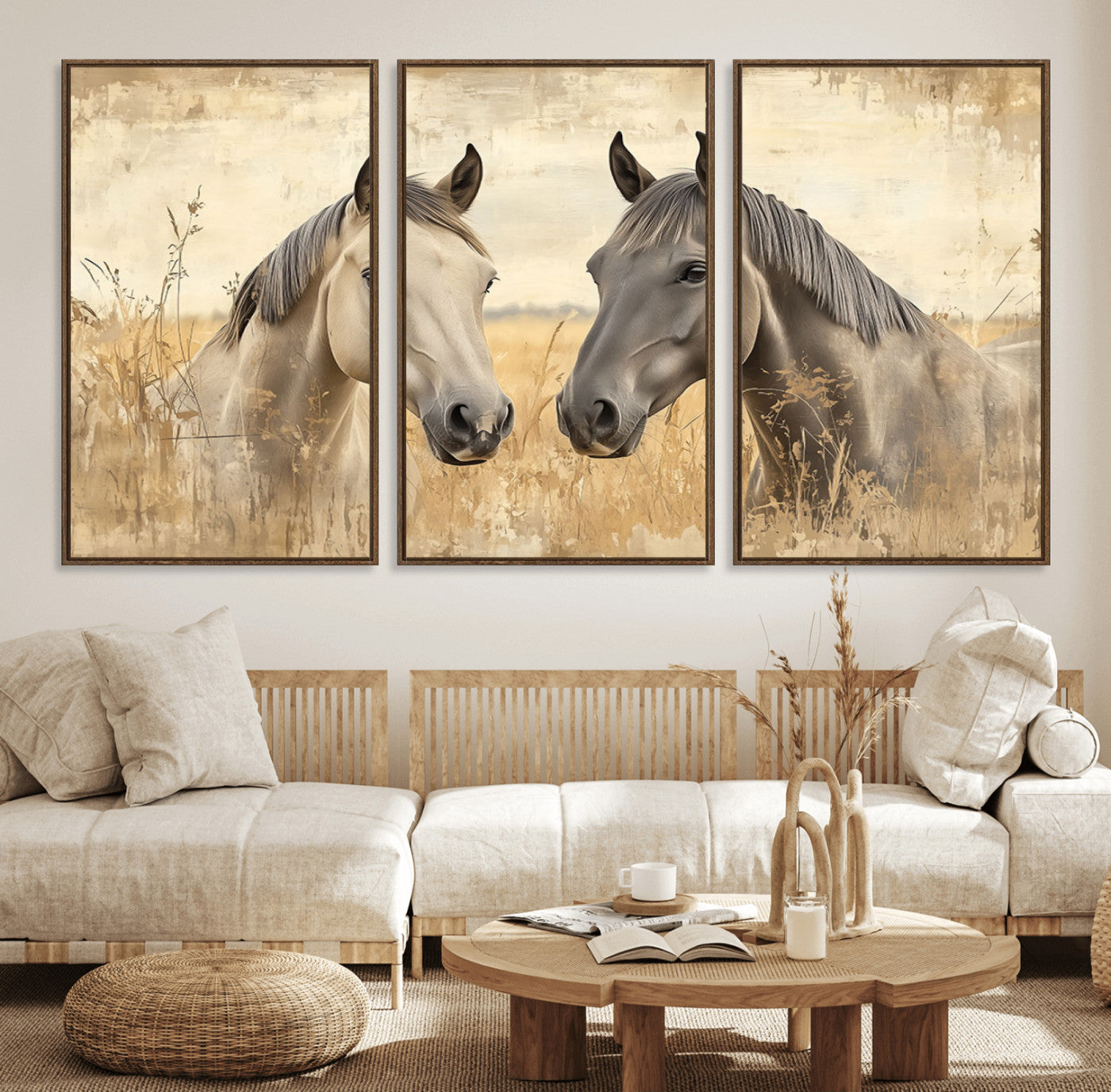 41082-MGV-FC-60X30-3P_Walnut-Chines Ink Style Grunge Horses Wall Art Canvas Print