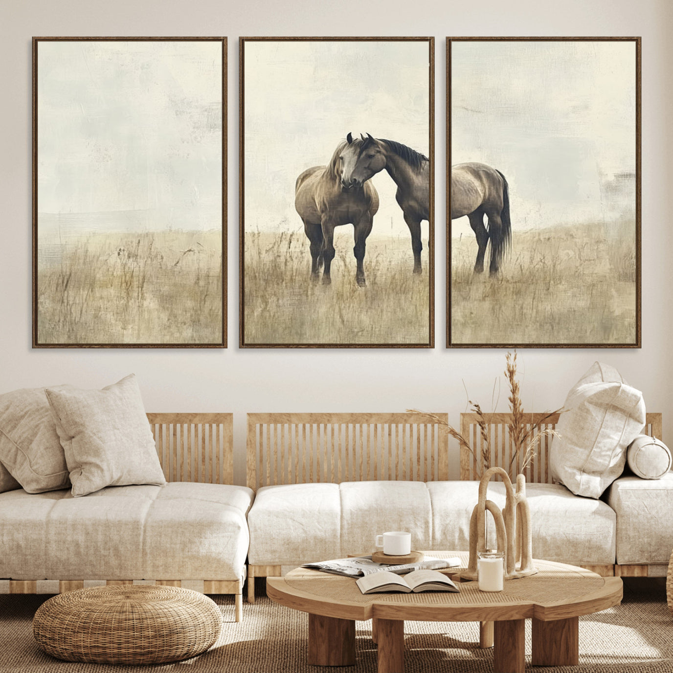 48781-MGV-FC-60X30-3P_Walnut-Chines Style Grunge Horses Wall Art Canvas Print