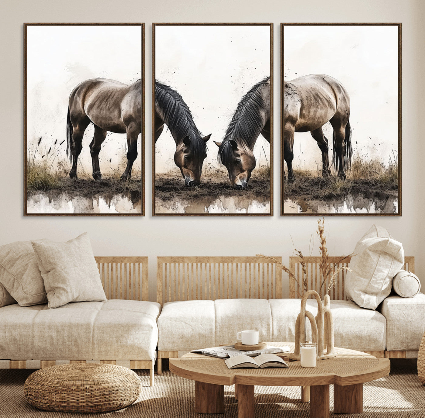 71729-MGV-FC-60X30-3P_Walnut-Chines Ink Style Horses Wall Art Canvas Print