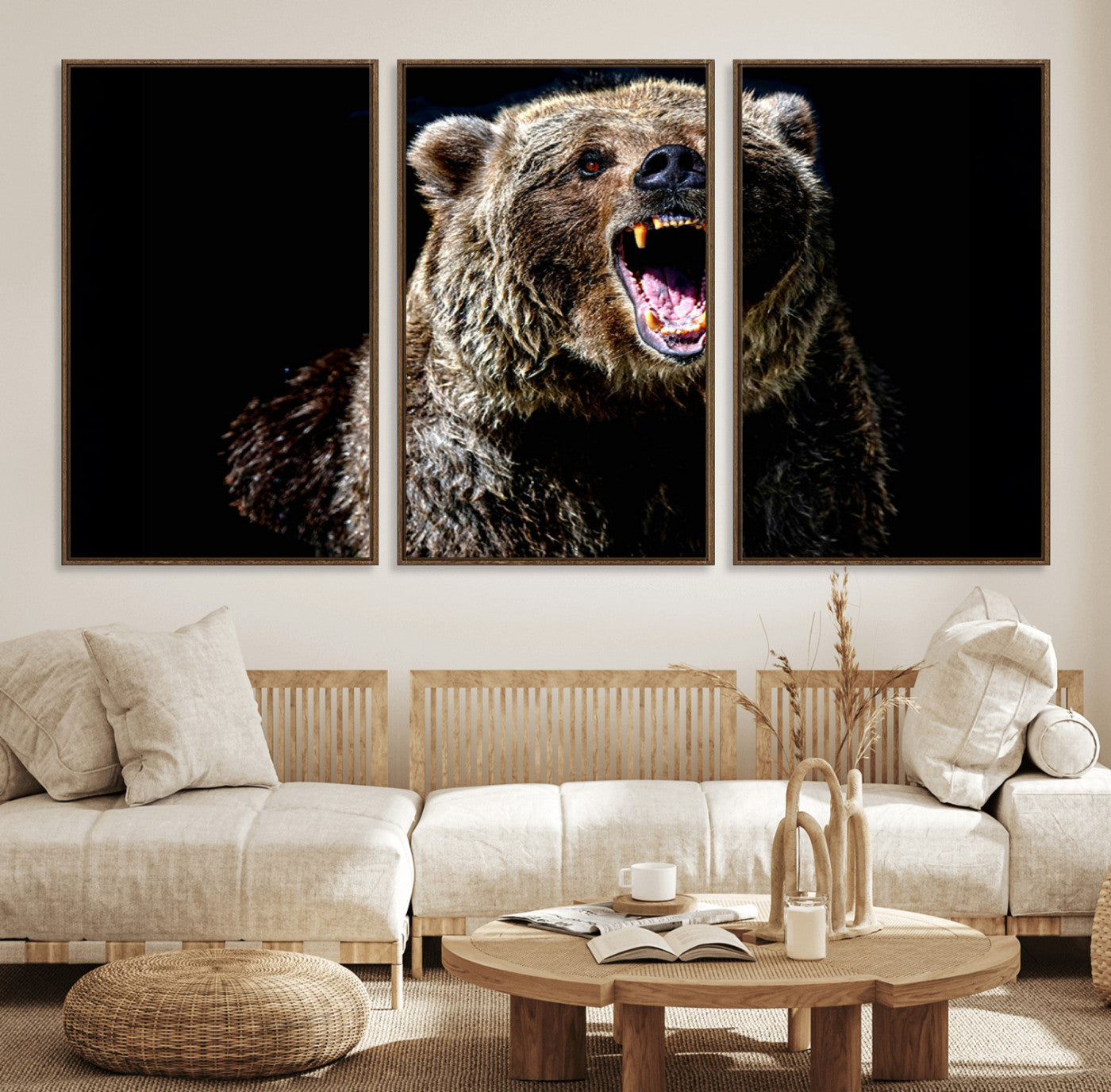 17625-MGV-FC-60X30-3P_Walnut-Grizzly Bear Canvas Print | Wildlife Wall Art for Cabin Decor | Ready to Hang Framed