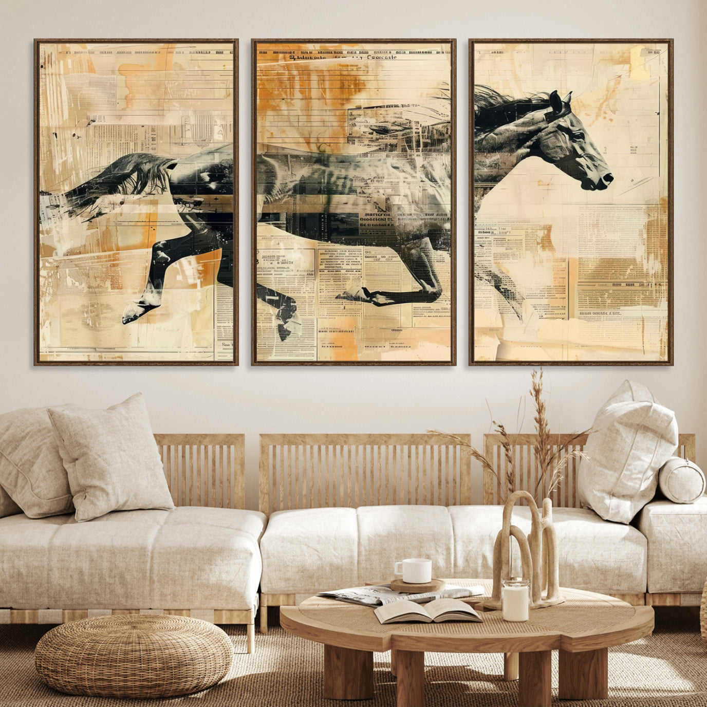 22364-MGV-FC-60X30-3P_Walnut-Chines Style Running Horse Western Wall Art | Farmhouse Wall Decor | Ready to Hang Framed Canvas