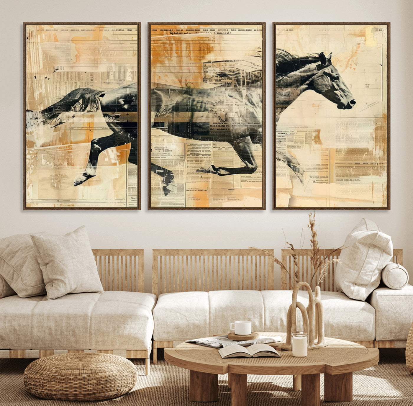 22364-MGV-FC-60X30-3P_Walnut-Chines Style Running Horse Western Wall Art | Farmhouse Wall Decor | Ready to Hang Framed Canvas