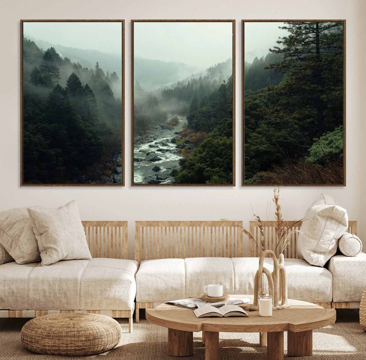 95112-MGV-FC-60X30-3P_Walnut-Misty Forest Wall Art | Ready to Hang and Framed | Tranquil Nature Landscape for Living Room or