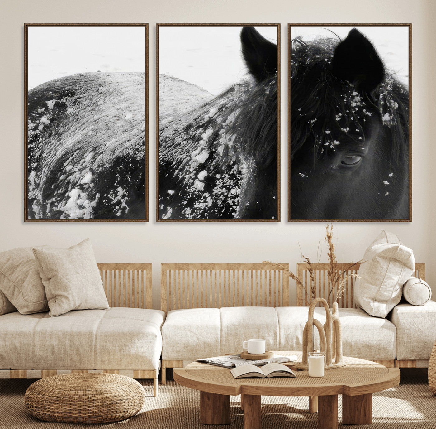52886-MGV-FC-60X30-3P_Walnut-Black Horse in Snow Canvas Print | Winter Horse Wall Art | Ready to Hang and Framed | Farmhouse Wall