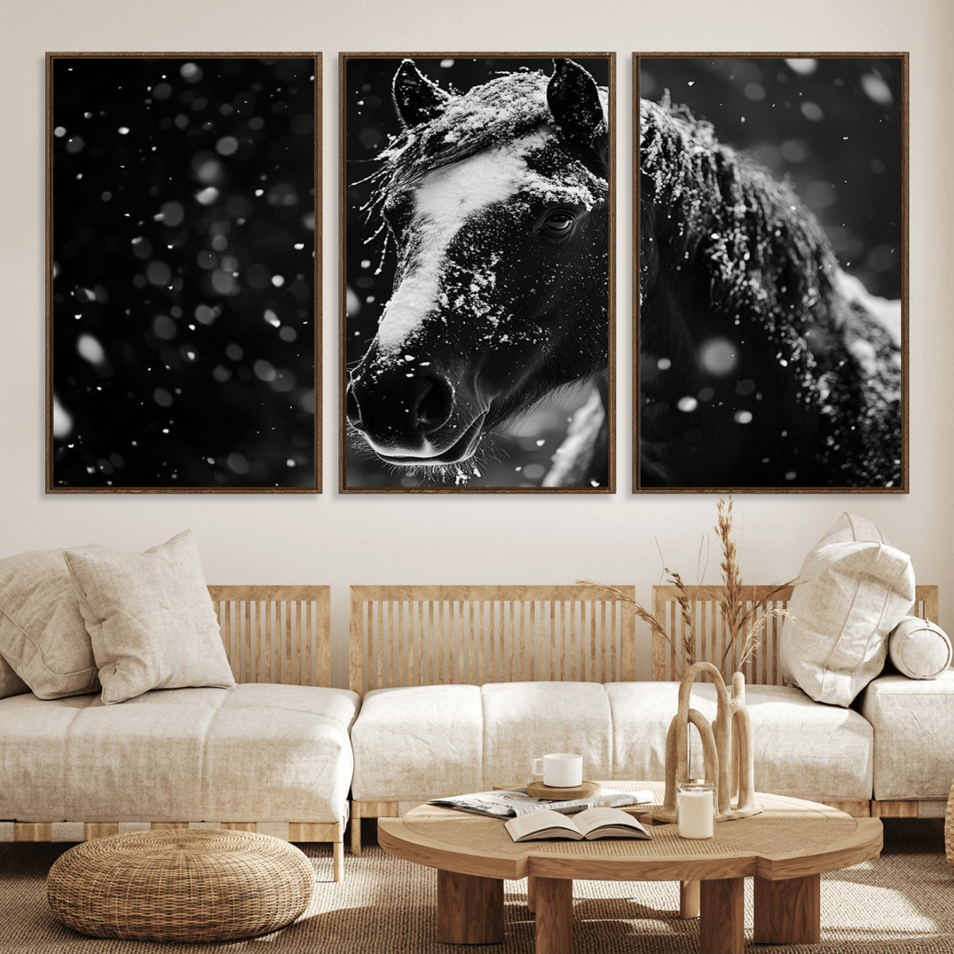75290-MGV-FC-60X30-3P_Walnut-Winter Horse Wall Art | Black and White Horse Print | Ready to Hang and Framed | Farmhouse Wall Art