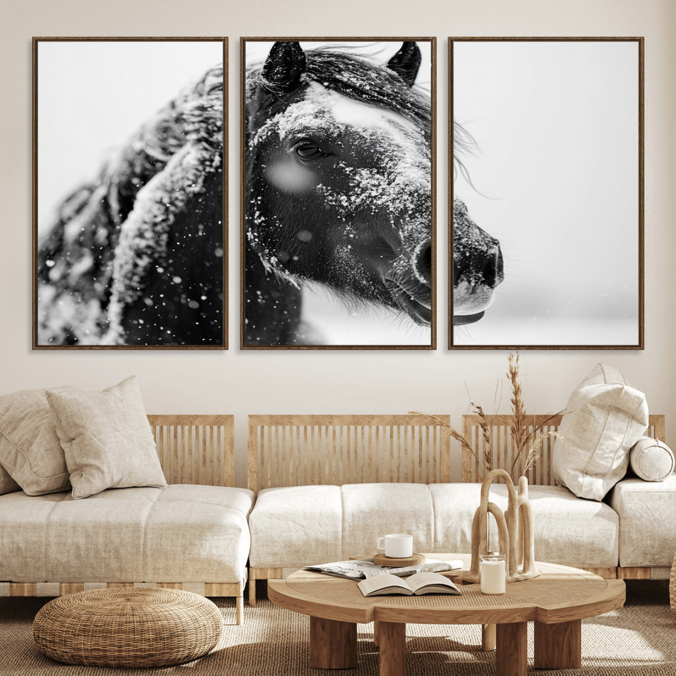 52374-MGV-FC-60X30-3P_Walnut-Winter Horse Canvas Print | Large 3-Panel Black White Equine Photography for Rustic Farmhouse Wall