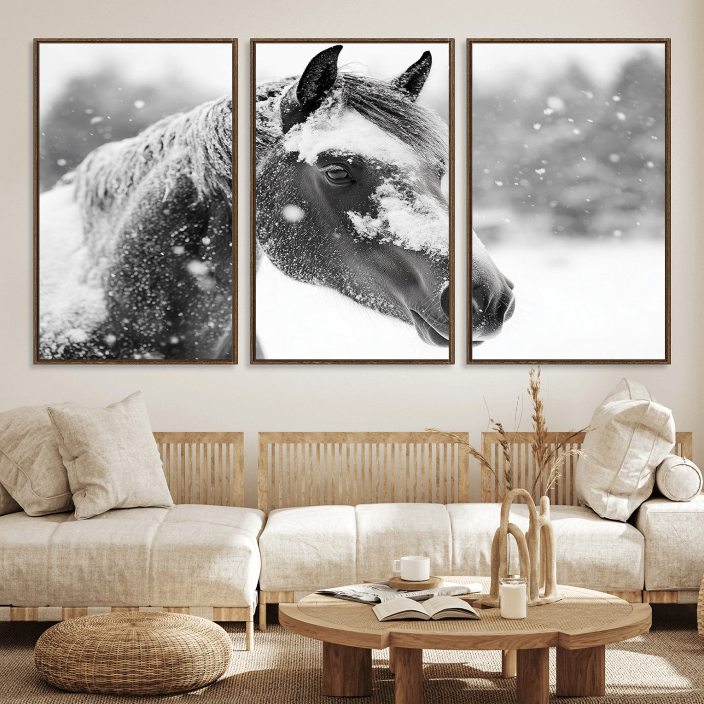 13358-MGV-FC-60X30-3P_Walnut-Black Horse Winter Wall Art | Ready to Hang and Framed | Farmhouse and Western Wall Decor for Living