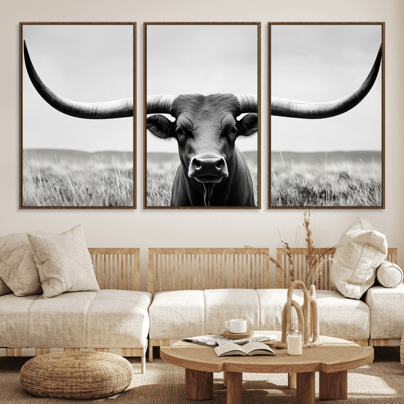 73780-MGV-FC-60X30-3P_Walnut-Longhorn Bull Canvas Print | Rustic Farmhouse Wall Art | Western Decor | Ready to Hang and Framed