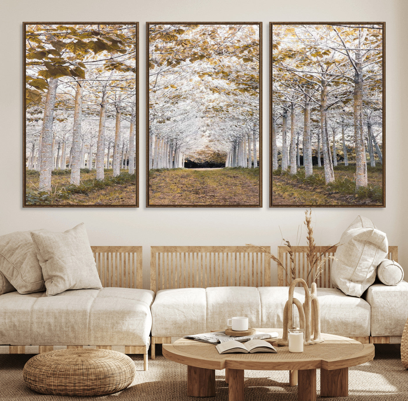 41104-MGV-FC-60X30-3P_Walnut-Forest Grove Wall Art | Serene Pathway Canvas Print | Ready to Hang and Framed Nature Wall Decor for