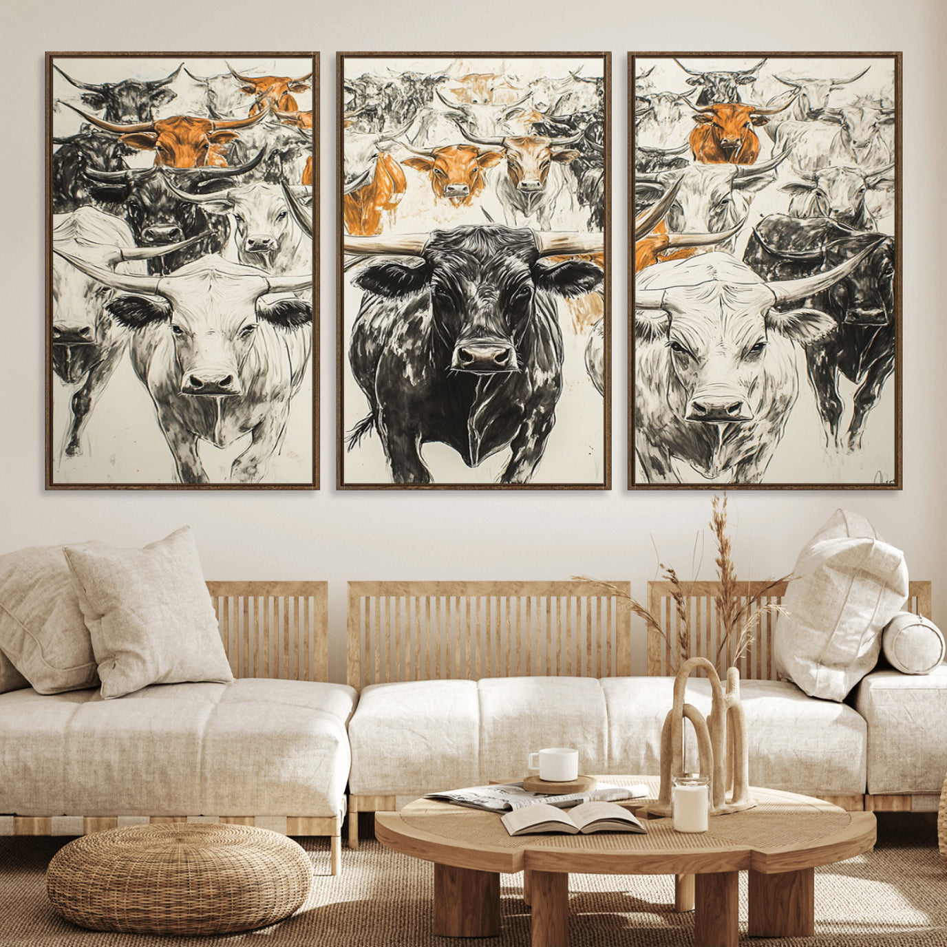 79794-MGV-FC-60X30-3P_Walnut-Texas Longhorn Wall Art - Herd Canvas Wall Art Print - Abstract Cow Drawing Wall Art Print for