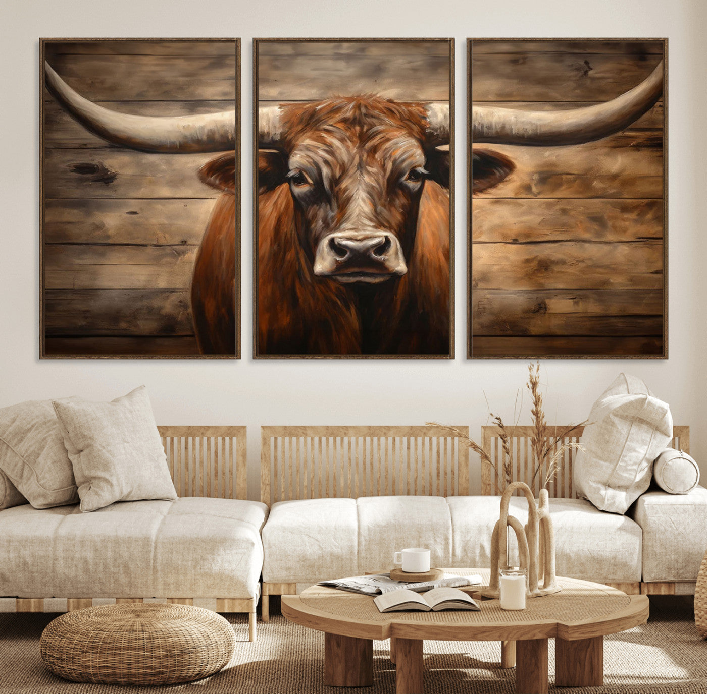 77556-MGV-FC-60X30-3P_Walnut-Longhorn Bull Wall Art | Canvas Print | Ready to Hang | Rustic Farmhouse Wall Decor | Western Barn