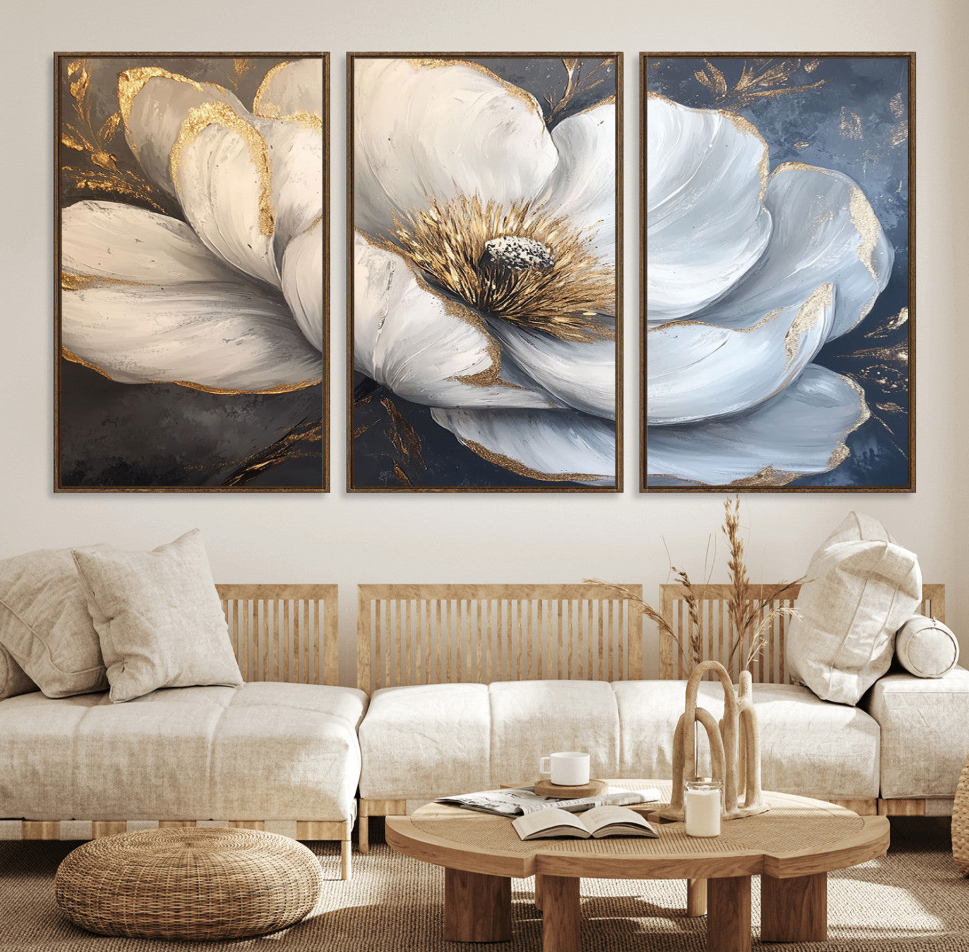 82996-MGV-FC-60X30-3P_Walnut-White Magnolia Flower Wall Art Canvas Print | Abstract Floral Wall Decor | Elegant Bloom Artwork |