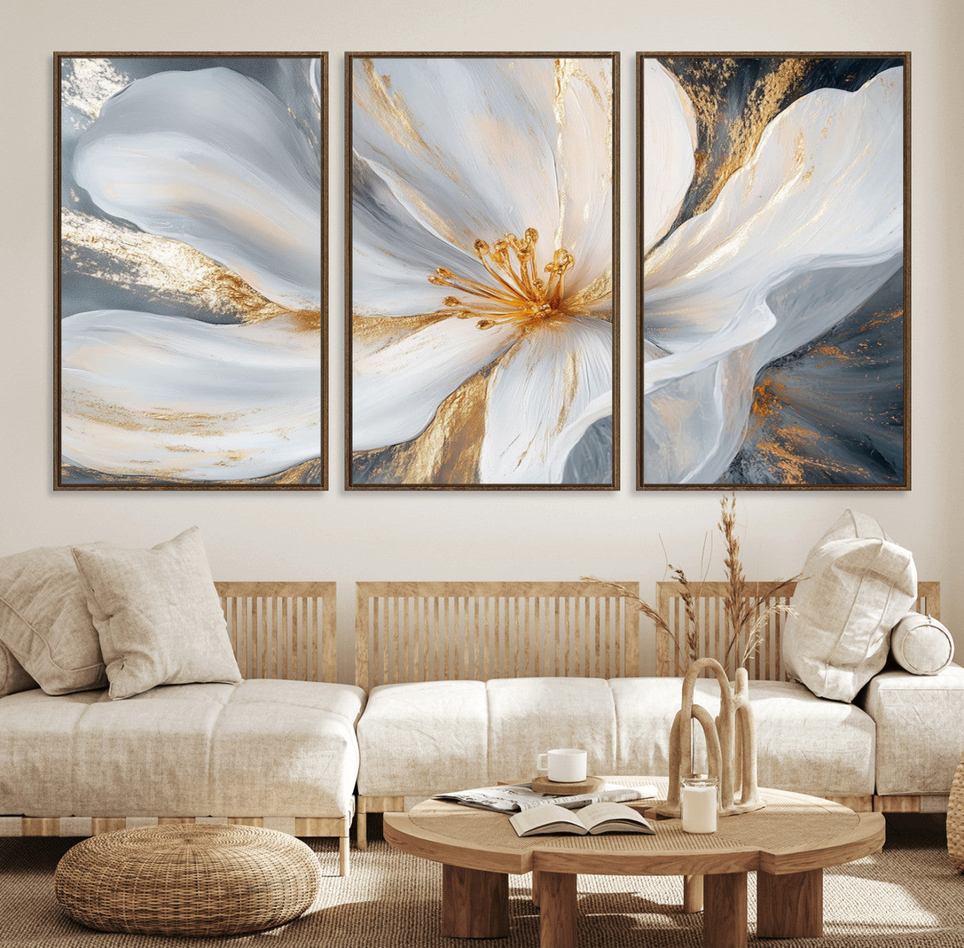 83149-MGV-FC-60X30-3P_Walnut-White and Gold Floral Canvas Wall Art - Framed and Ready to Hang - Perfect for Modern Living Rooms