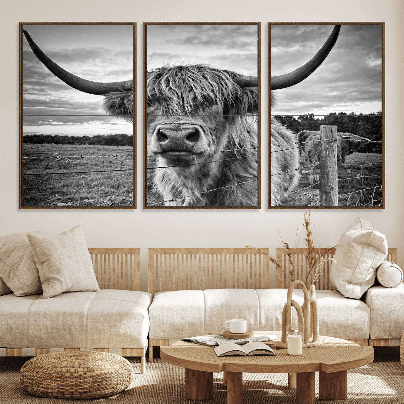 71937-MGV-FC-60X30-3P_Walnut-Scottish Highland Cow Canvas Wall Art Farmhouse Decor, Framed Scottish Highland Cow Print