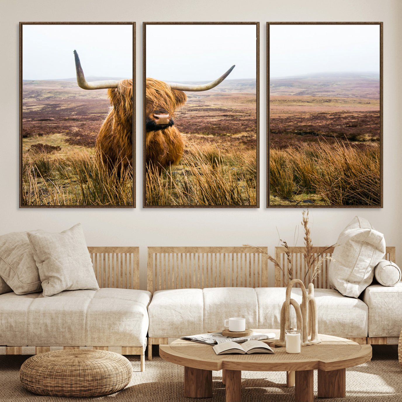 97274-MGV-FC-60X30-3P_Walnut-Scottish Highland Cow Canvas Wall Art – Rustic Farmhouse Charm with Highland Cattle – Ready to Hang