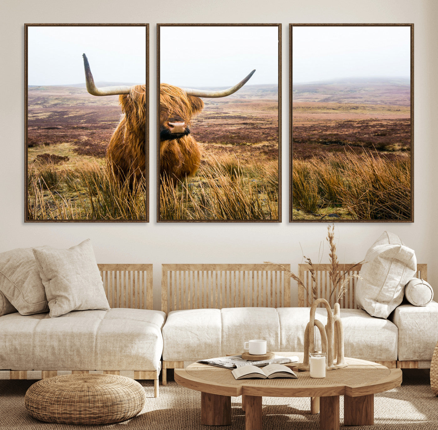 97274-MGV-FC-60X30-3P_Walnut-Scottish Highland Cow Canvas Wall Art – Rustic Farmhouse Charm with Highland Cattle – Ready to Hang