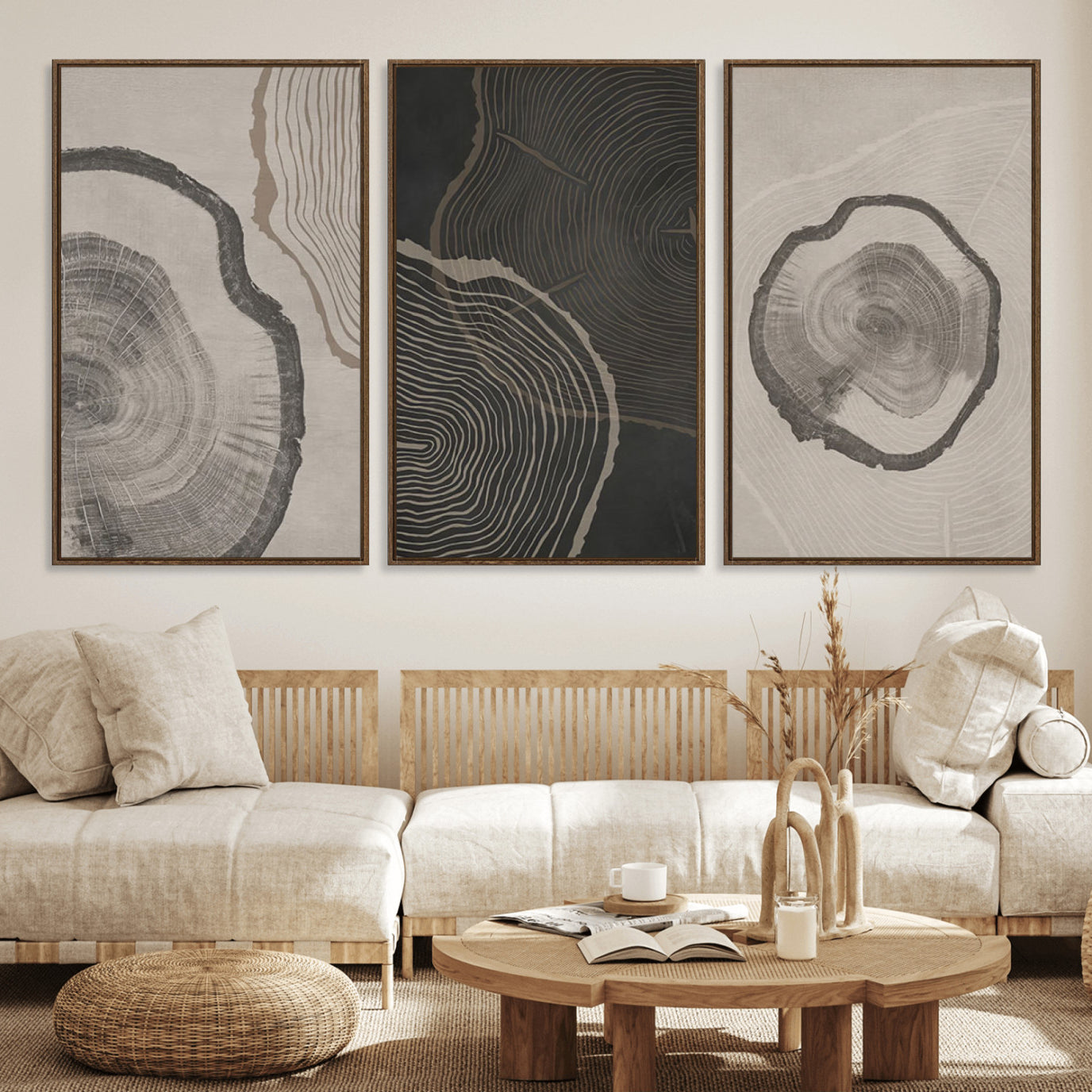 25407-MGV-FC-60X30-3P_Walnut-Minimalist Tree Rings Wall Art | Modern Abstract Canvas Print Set | Ready to Hang and Framed |