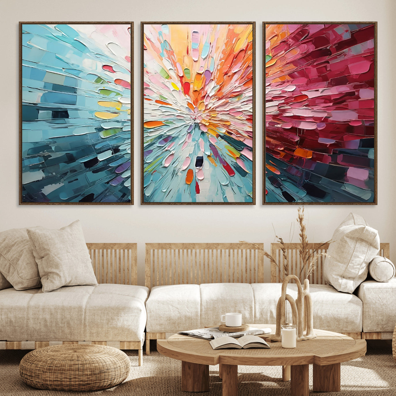 47065-MGV-FC-60X30-3P_Walnut-Radiant Bloom Abstract Floral Wall Art Canvas Print - Colorful Burst - Modern Living Room Decor -