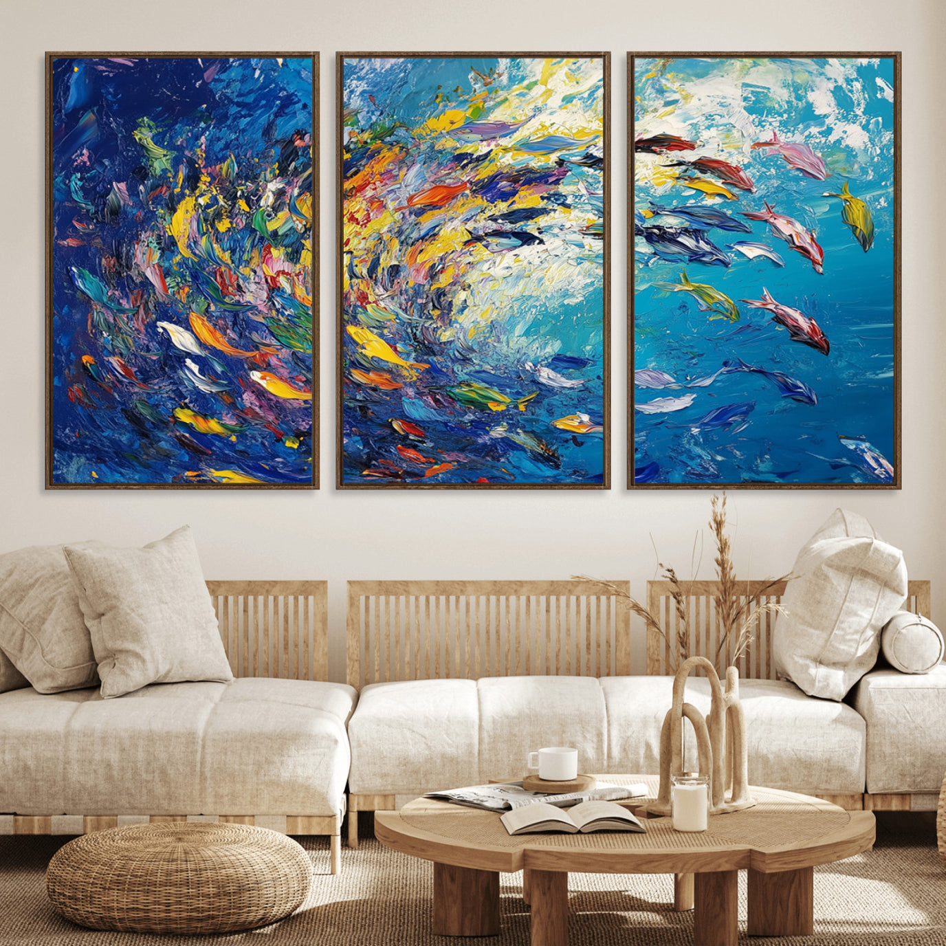 48161-MGV-FC-60X30-3P_Walnut-Colorful Swirling Fish School Wall Art Canvas Print | Oceanic Abstract Painting | Ready to Hang |
