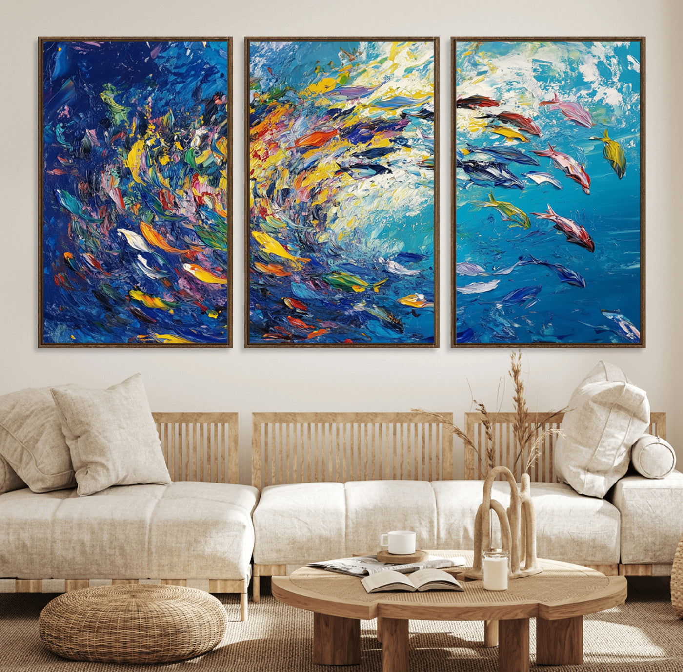 48161-MGV-FC-60X30-3P_Walnut-Colorful Swirling Fish School Wall Art Canvas Print | Oceanic Abstract Painting | Ready to Hang |