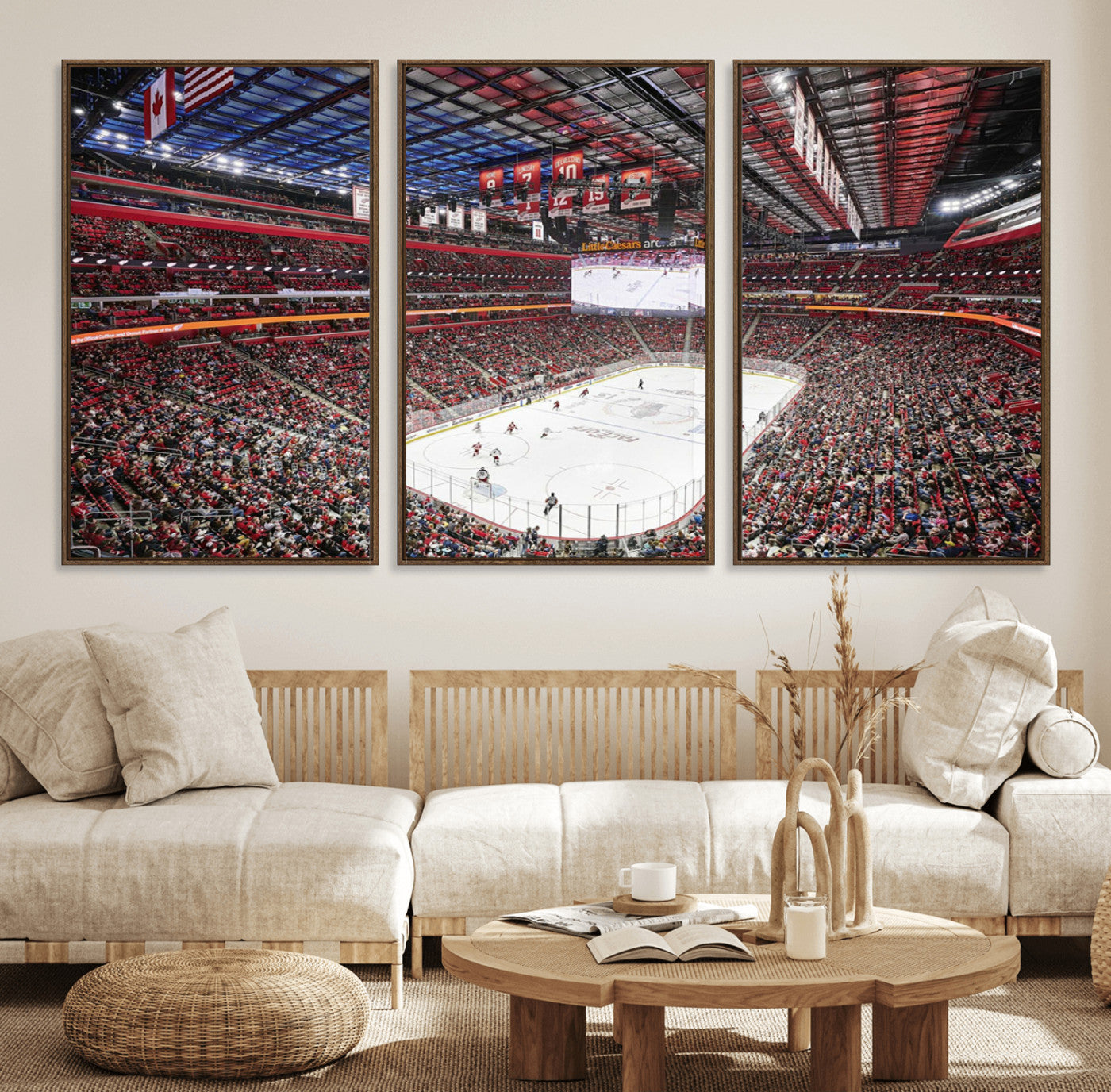 62263-MGV-FC-60X30-3P_Walnut-Barton Malow Little Caesars Arena Detroit Wall Art Canvas Print - Detroit Hockey and Basketball