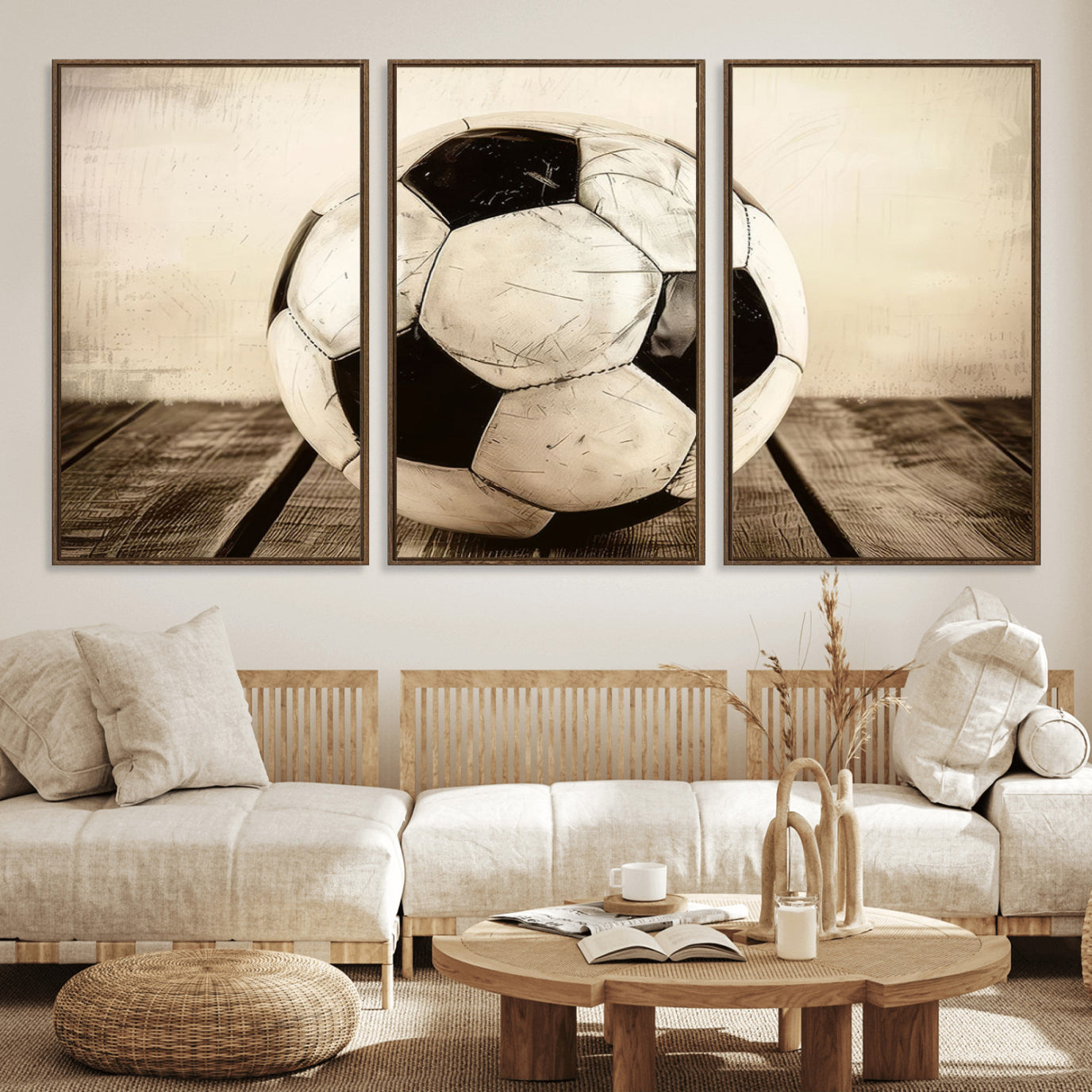 24319-MGV-FC-60X30-3P_Walnut-Vintage Soccer Ball Wall Decor Canvas Art – 3-Panel Soccer Wall Decor, Framed and Ready to Hang