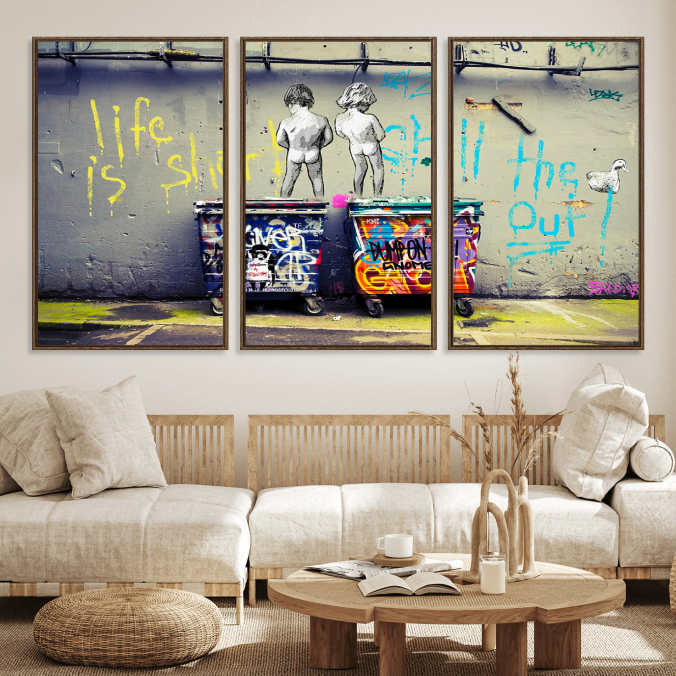 BanksSort-MGV-FC-60X30-3P_Walnut-Banksy Life is Short Wall Art - Iconic Graffiti Art on Framed Ready-to-Hang Canvas - Street Art