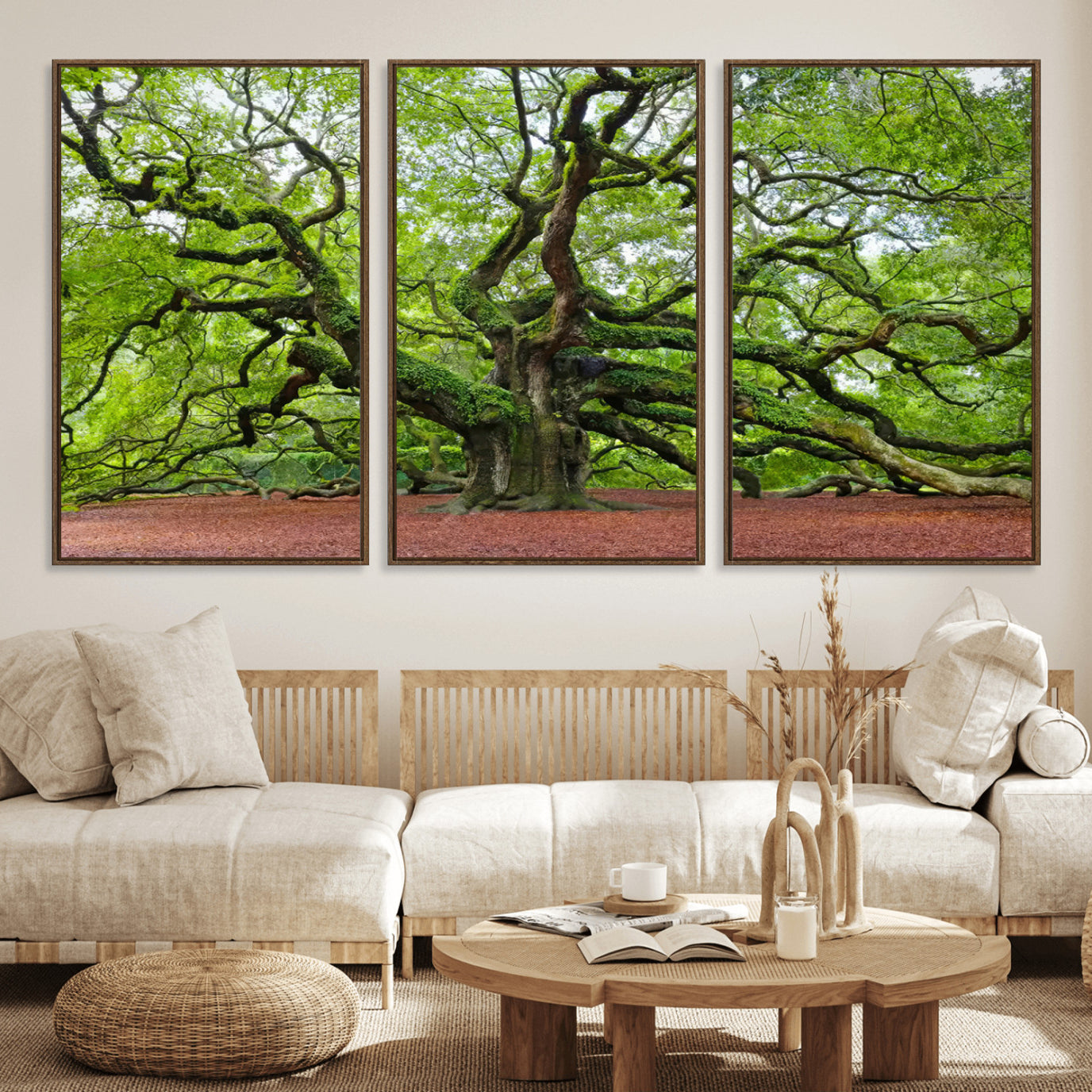 40313-MGV-FC-60X30-3P_Walnut-Framed Angel Oak Tree Wall Art - 3-Panel Canvas Prints, Large Green Nature Artwork, Ready to Hang