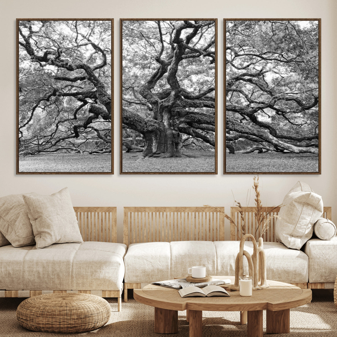 12314-MGV-FC-60X30-3P_Walnut-Black White Angel Oak Tree Wall Art - Timeless Nature-Inspired Canvas for Rustic, Modern, or