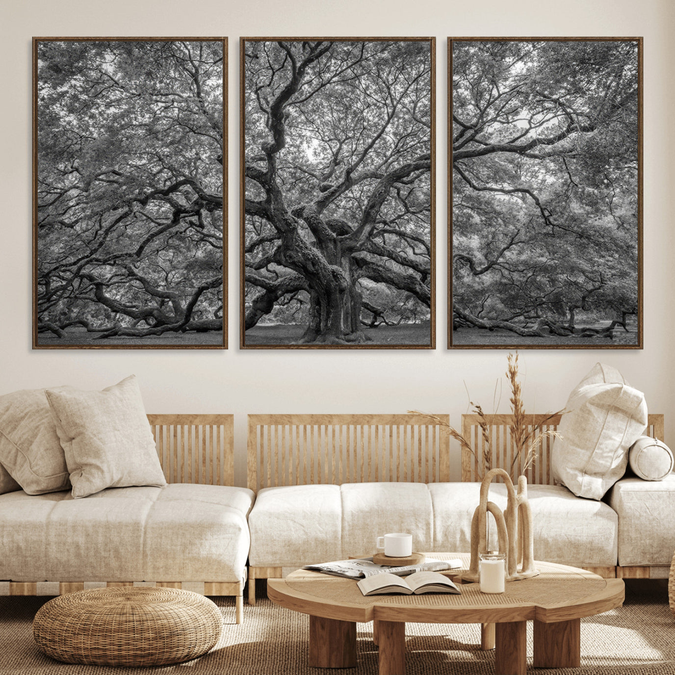 97240-MGV-FC-60X30-3P_Walnut-Majestic Angel Oak Tree Black and White Canvas Print – Multi Panel Wall Art, Giclée Print, Ready to