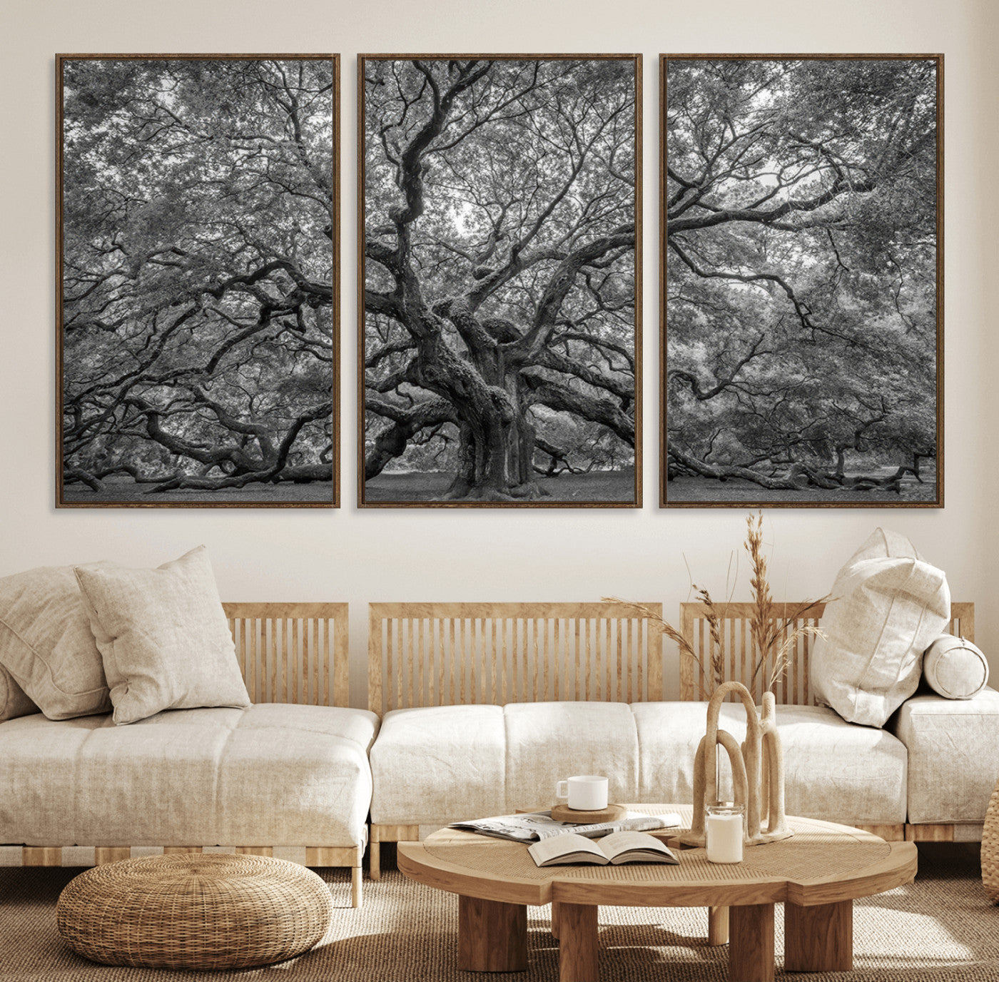 97240-MGV-FC-60X30-3P_Walnut-Majestic Angel Oak Tree Black and White Canvas Print – Multi Panel Wall Art, Giclée Print, Ready to