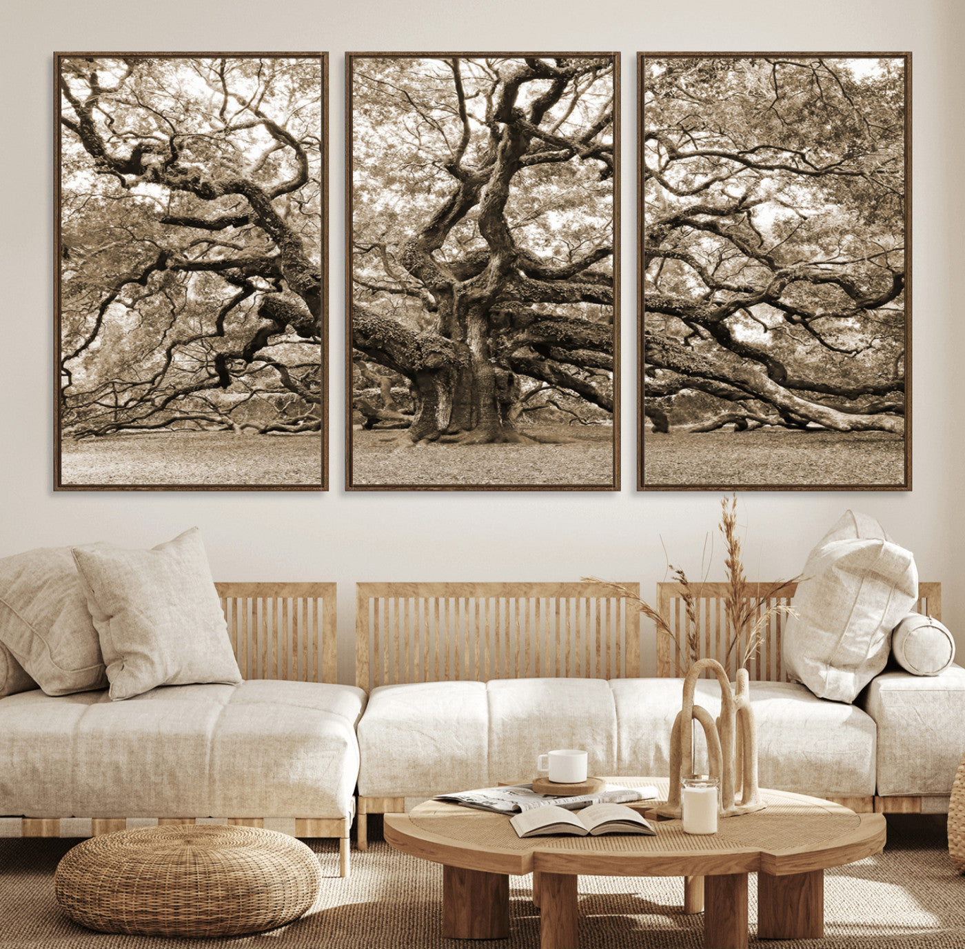 51126-MGV-FC-60X30-3P_Walnut-Sepia Framed Angel Oak Tree Wall Art - 3-Panel Canvas Prints, Large Green Nature Artwork, Ready to