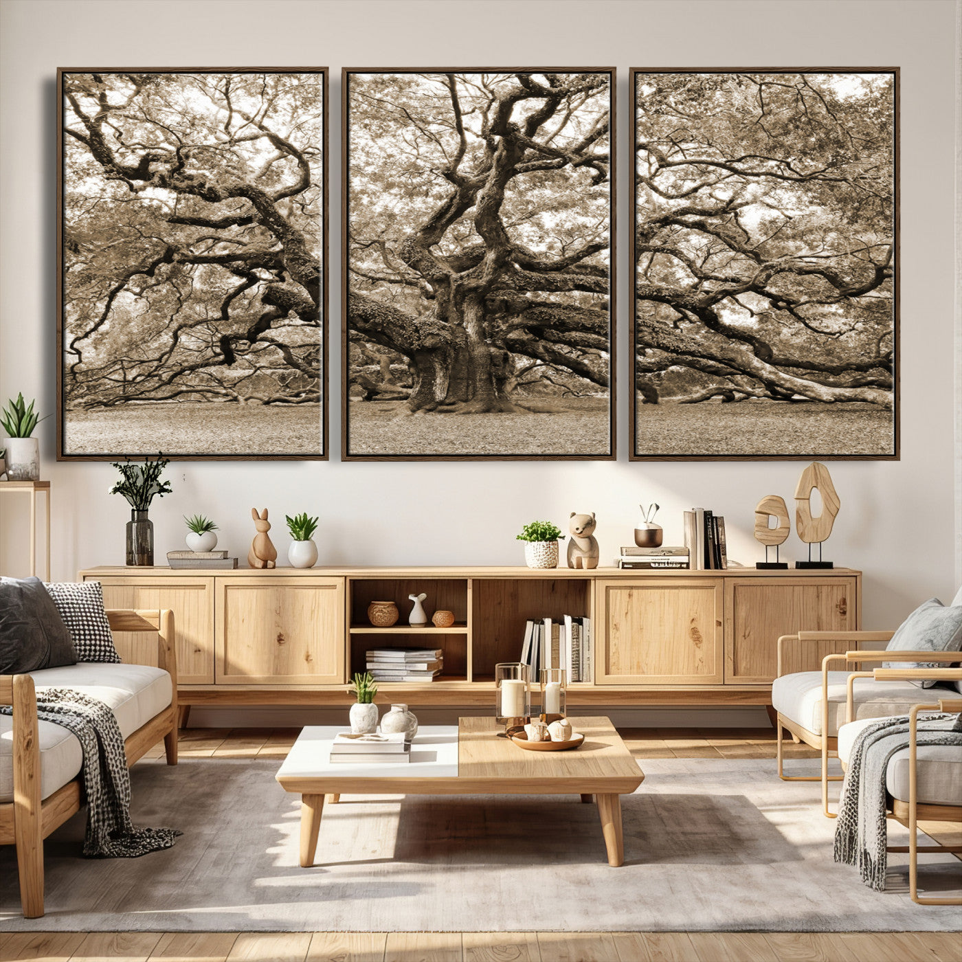 51126-MGV-CV-36X24 - Sepia Framed Angel Oak Tree Wall Art - 3-Panel Canvas Prints, Large Green Nature Artwork, Ready to