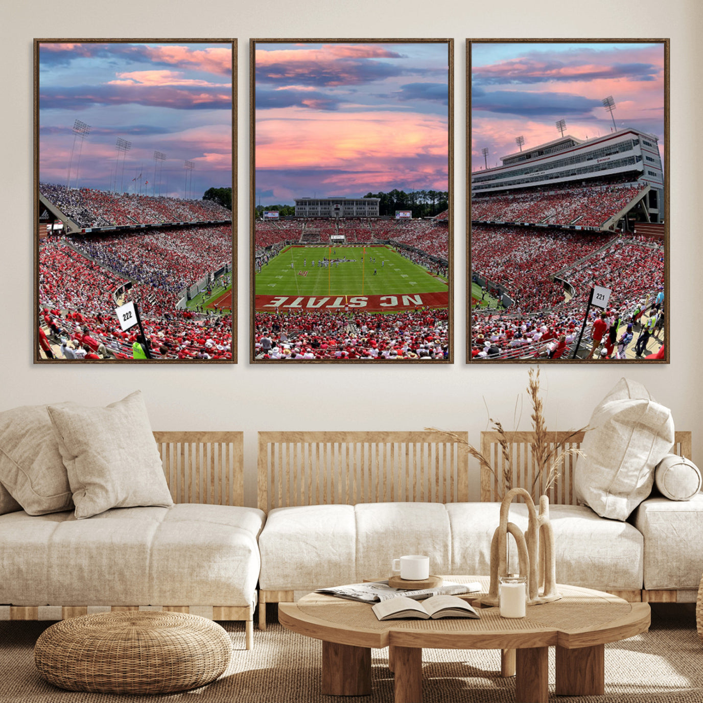 75072-MGV-FC-60X30-3P_Walnut-Carter-Finley Stadium Art Sunset Game Triple Canvas Wall Art - NC State Wolfpack Football Match