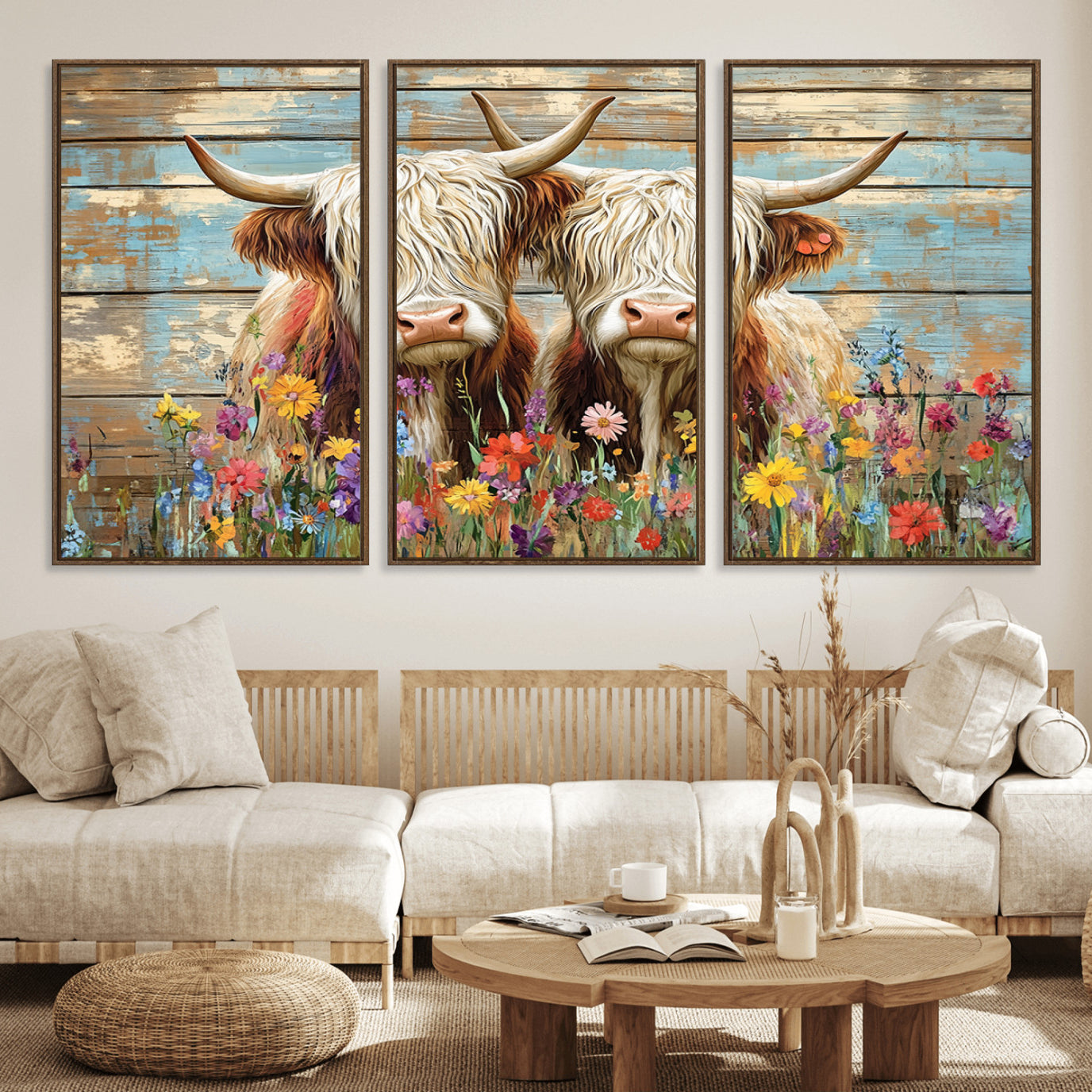 36972-MGV-FC-60X30-3P_Walnut-Cute Highland Cow Canvas Wall Art - Rustic Farmhouse Decor with Colorful Flowers Perfect Wall Art