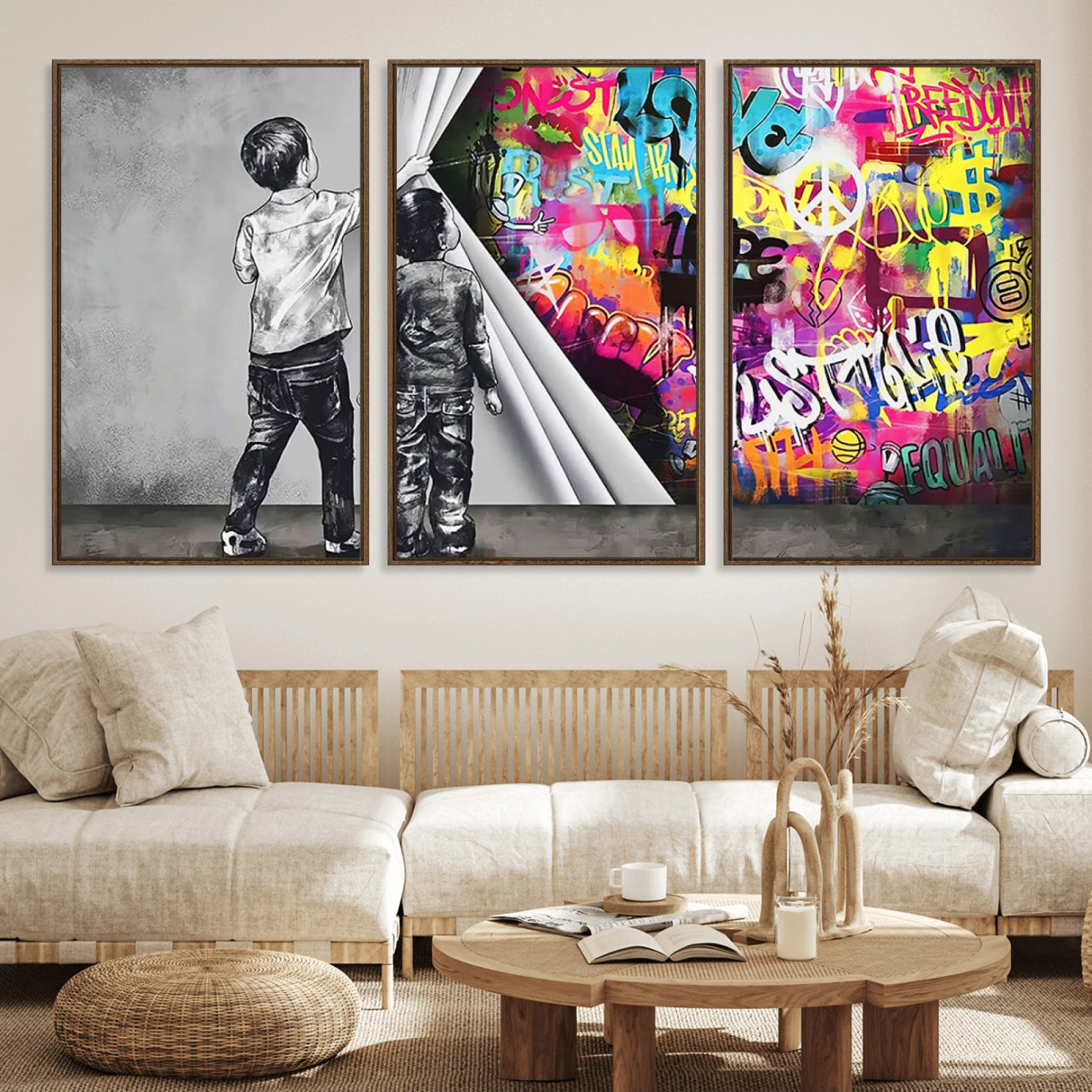 92809-MGV-FC-60X30-3P_Walnut-Banksy Print - Street Art Canvas Wall Art - Kids Revealing Graffiti, Urban Modern Decor for Living