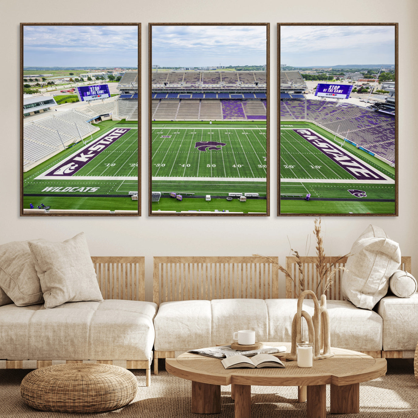 29452-MGV-FC-60X30-3P_Walnut-KState Wildcats Football Team Print - Manhattan Bill Snyder Family Football Stadium Wall Art Canvas
