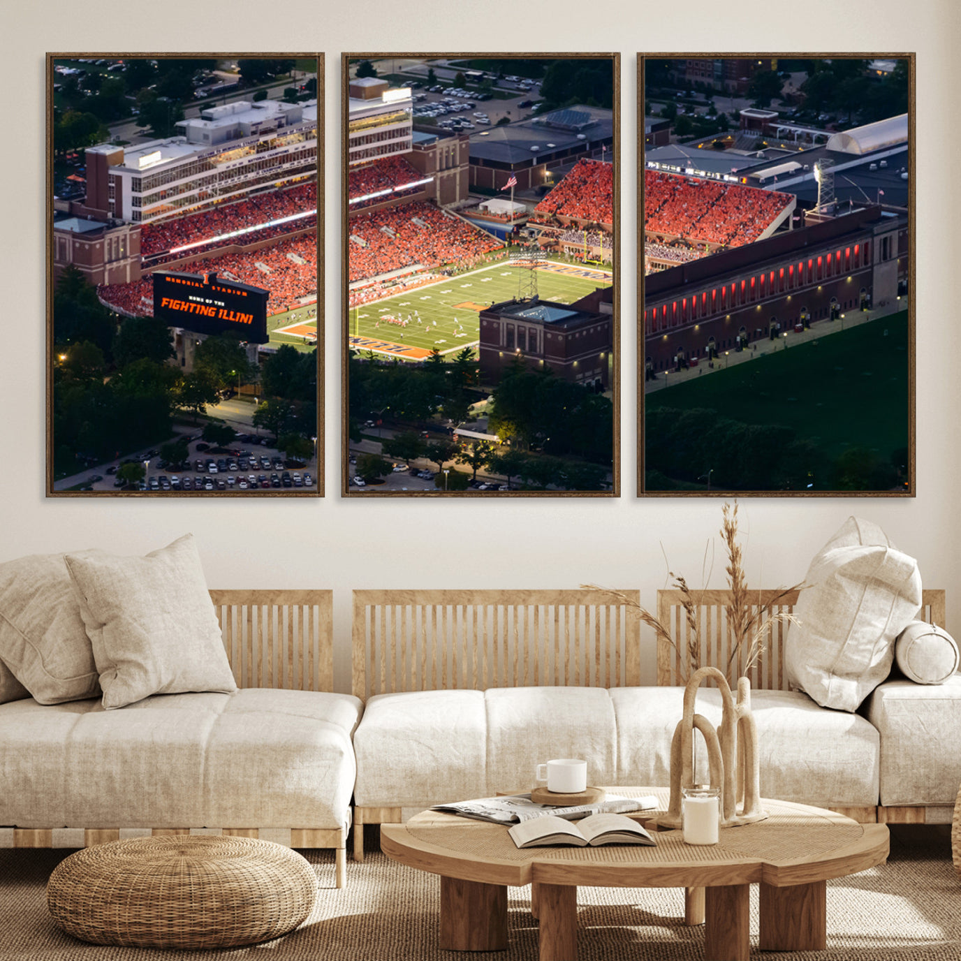 78052-MGV-FC-60X30-3P_Walnut-University of Illinois Fighting Illini Football Team Print - Champaign Illinois Memorial Stadium