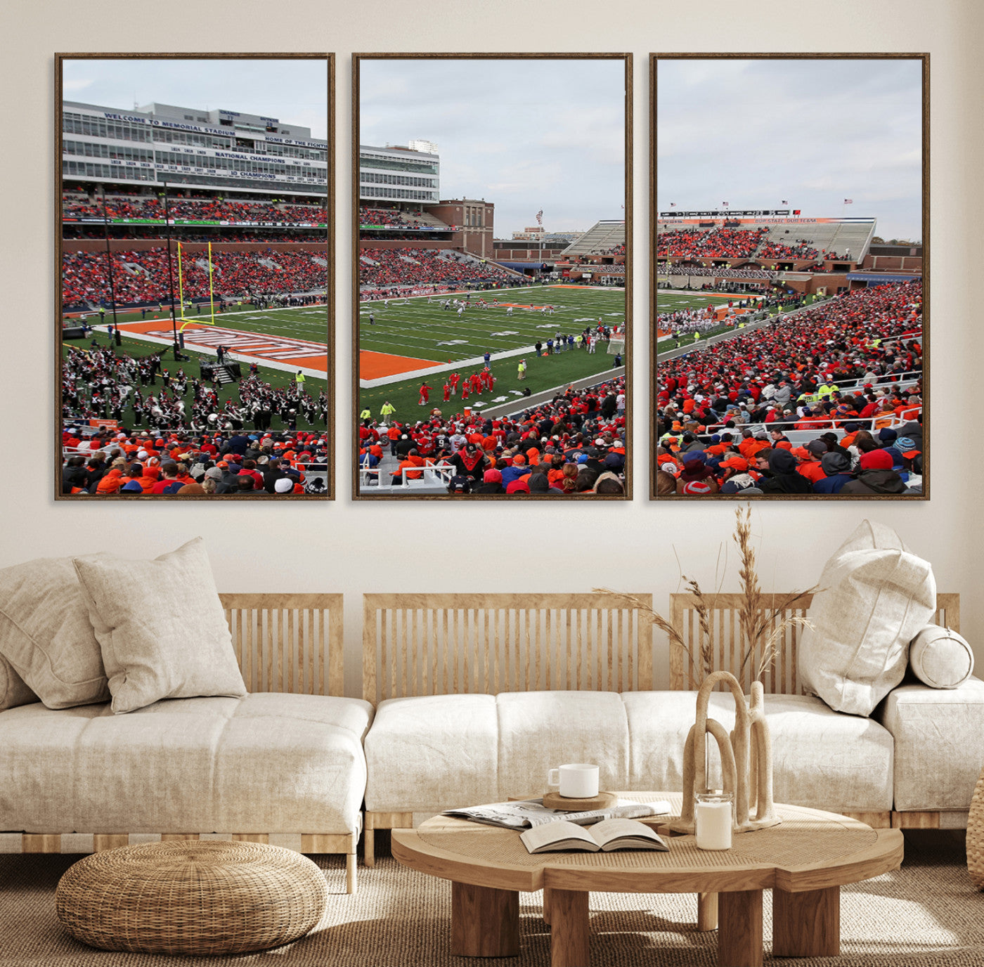 86851-MGV-FC-60X30-3P_Walnut-University of Illinois Fighting Illini Football Team Print - Champaign Illinois Memorial Stadium