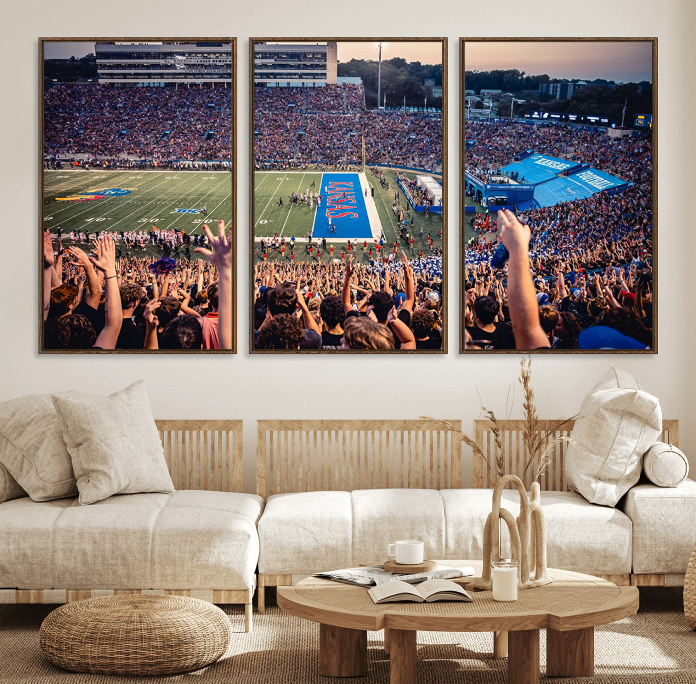 40169-MGV-FC-60X30-3P_Walnut-University of Kansas Jayhawks Football Team Art Print - Lawrence Kansas Memorial Stadium Wall Art