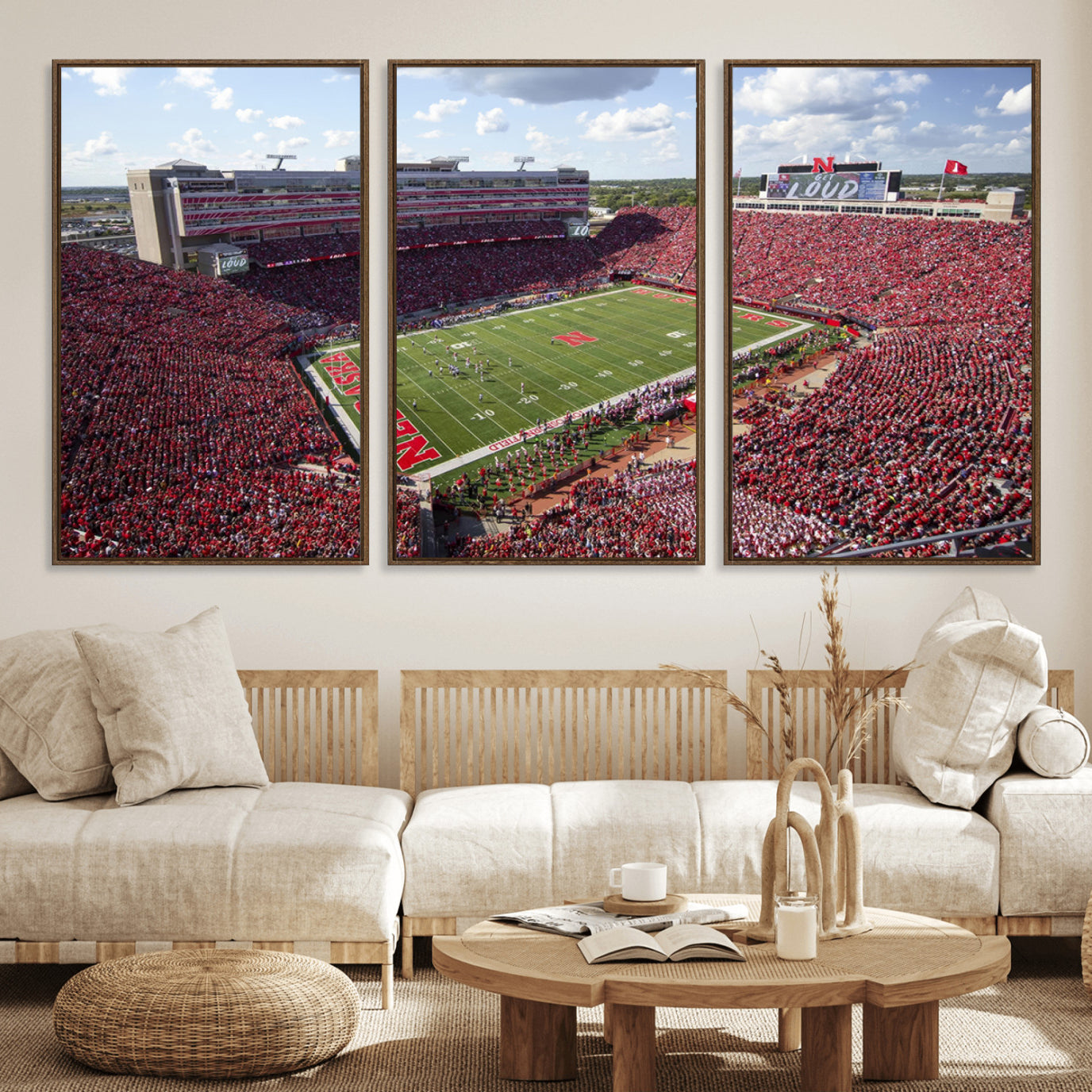 84975-MGV-FC-60X30-3P_Walnut-University of Nebraska Cornhuskers Football Team Print - Lincoln Memorial Stadium Wall Art Canvas