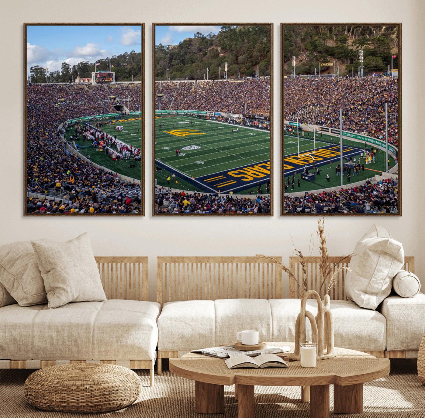 38054-MGV-FC-60X30-3P_Walnut-University of California Golden Bears Football Team Print - Berkeley California Memorial Stadium Art
