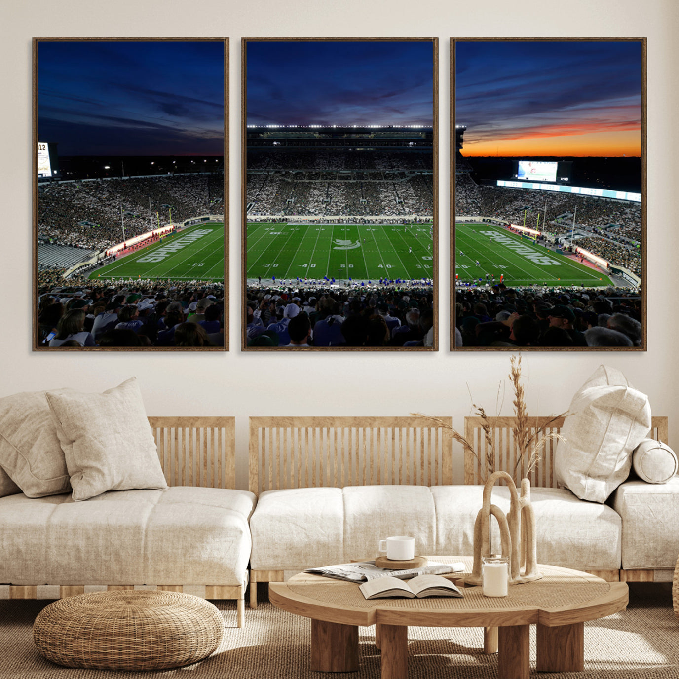 49074-MGV-FC-60X30-3P_Walnut-Michigan State Spartans Football Team Print - East Lansing Spartan Stadium Canvas Print