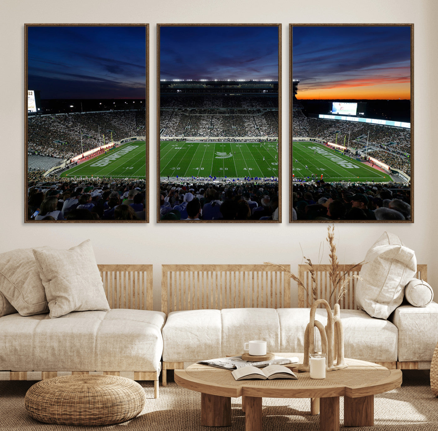 49074-MGV-FC-60X30-3P_Walnut-Michigan State Spartans Football Team Print - East Lansing Spartan Stadium Canvas Print